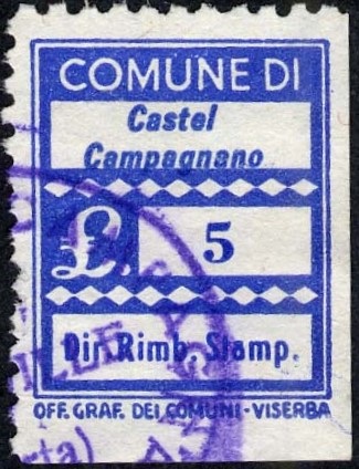 Marca da Bollo del Comune di CASTEL CAMPAGNANO su Carta Bianca di dimensioni 17,5 x 22,5 mm