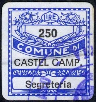 Marca da Bollo del Comune di CASTEL CAMPAGNANO su Carta Bianca di dimensioni 19 x 21 mm