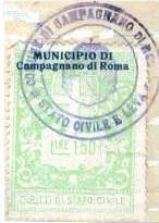 Marca da Bollo del Comune di CAMPAGNANO DI ROMA su Carta Bianca di dimensioni 23 x 37 mm