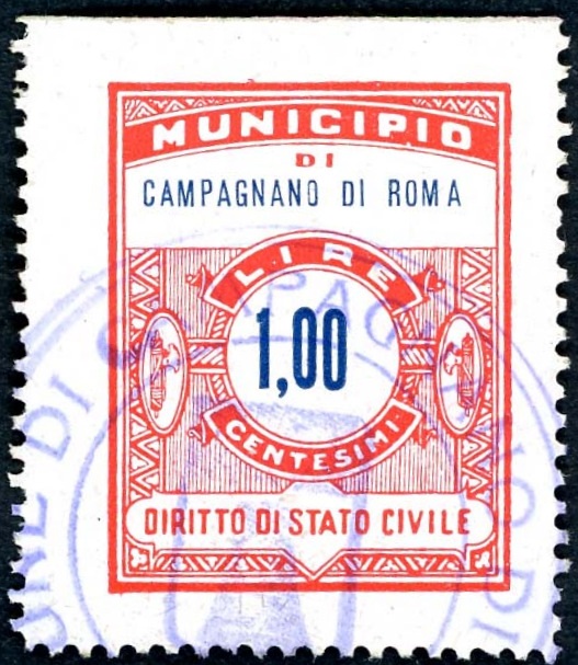 Marca da Bollo del Comune di CAMPAGNANO DI ROMA su Carta Bianca di dimensioni 24 x 30 mm