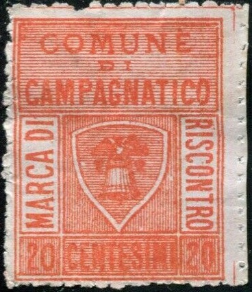 Marca da Bollo del Comune di CAMPAGNATICO su Carta Bianca di dimensioni 26 x 32,5 mm