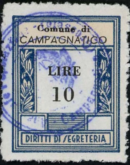 Marca da Bollo del Comune di CAMPAGNATICO su Carta Bianca di dimensioni 23 x 29,5 mm