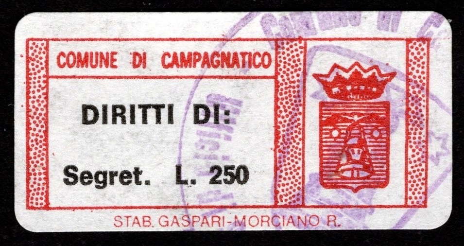 Marca da Bollo del Comune di CAMPAGNATICO su Carta Bianca di dimensioni 29 x 17 mm