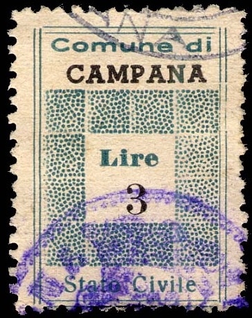 Marca da Bollo del Comune di CAMPANA su Carta Bianca Sottile di dimensioni 19,5 x 28,5 mm