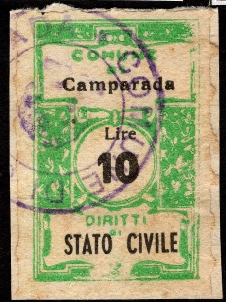 Marca da Bollo del Comune di CAMPARADA su Carta Bianca di dimensioni 22,5 x 35,5 mm
