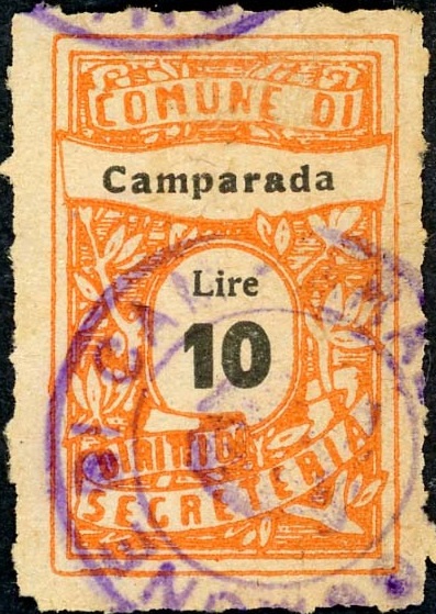 Marca da Bollo del Comune di CAMPARADA su Carta Bianca di dimensioni 22,5 x 35,5 mm