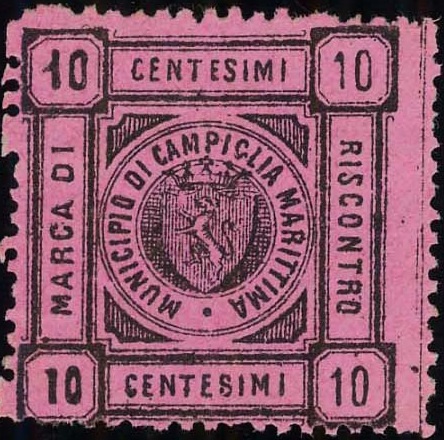 Marca da Bollo del Comune di CAMPIGLIA MARITTIMA su Carta Bianca di dimensioni 26 x 28 mm