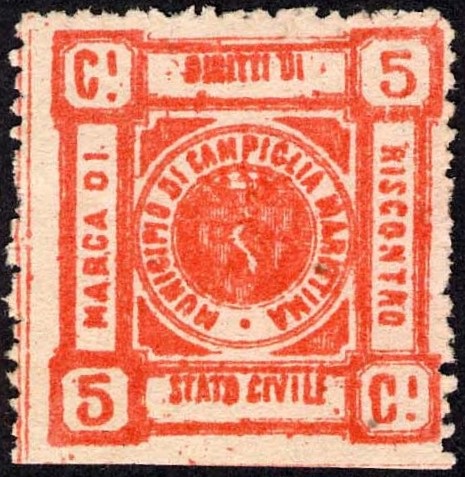 Marca da Bollo del Comune di CAMPIGLIA MARITTIMA su Carta Colorata di dimensioni 26 x 28 mm