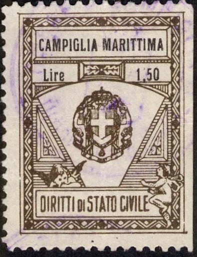 Marca da Bollo del Comune di CAMPIGLIA MARITTIMA su Carta Bianca Sottile di dimensioni 22,5 x 30 mm