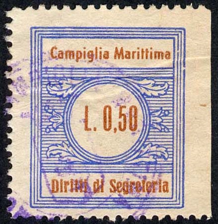 Marca da Bollo del Comune di CAMPIGLIA MARITTIMA su Carta Bianca di dimensioni 22 25,5 mm