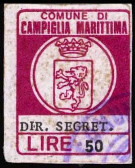 Marca da Bollo del Comune di CAMPIGLIA MARITTIMA su Carta Bianca di dimensioni 15,5 x 20 mm