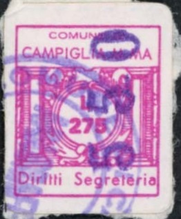 Marca da Bollo del Comune di CAMPIGLIA MARITTIMA su Carta Bianca di dimensioni 13,5 x 16 mm