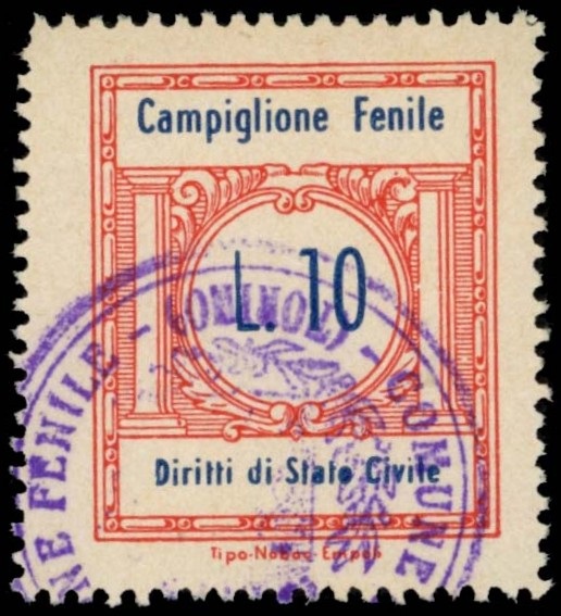 Marca da Bollo del Comune di CAMPIGLIONE FENILE su Carta Bianca di dimensioni 21 x 25 mm