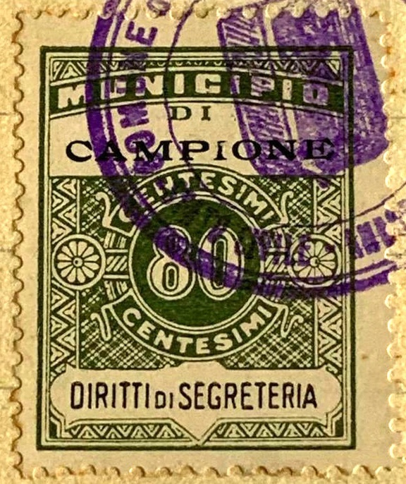 Marca da Bollo del Comune di CAMPIONE D´ITALIA su Carta Bianca di dimensioni 22 x 29 mm
