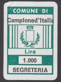 Marca da Bollo del Comune di CAMPIONE D´ITALIA su Carta Bianca di dimensioni 18 X 25,5 mm
