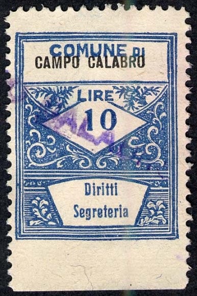 Marca da Bollo del Comune di CAMPO CALABRO su Carta Bianca Sottile di dimensioni 22,5 x 29 mm