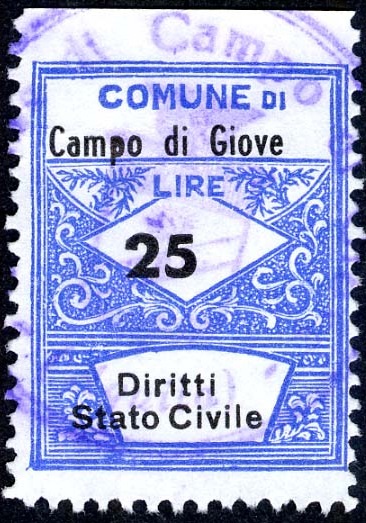 Marca da Bollo del Comune di CAMPO DI GIOVE su Carta Bianca di dimensioni 22 x 28,5 mm