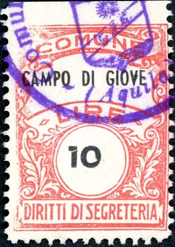 Marca da Bollo del Comune di CAMPO DI GIOVE su Carta Bianca di dimensioni 22,5 x 29 mm