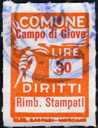 Marca da Bollo del Comune di CAMPO DI GIOVE su Carta Bianca Sottile di dimensioni 18 c 26 mm