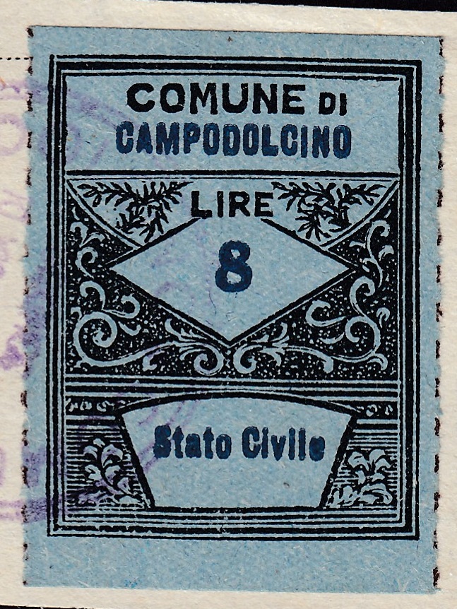 Marca da Bollo del Comune di CAMPODOLCINO su Carta Colorata di dimensioni 22 x 28 mm
