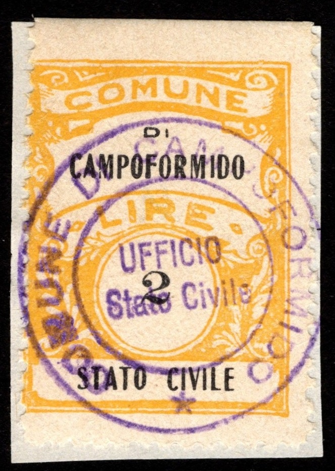 Marca da Bollo del Comune di CAMPOFORMIDO su Carta Bianca di dimensioni 22,5 x 29 mm