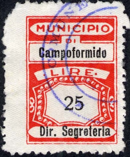 Marca da Bollo del Comune di CAMPOFORMIDO su Carta Bianca Sottile di dimensioni 21,5 x 31 mm