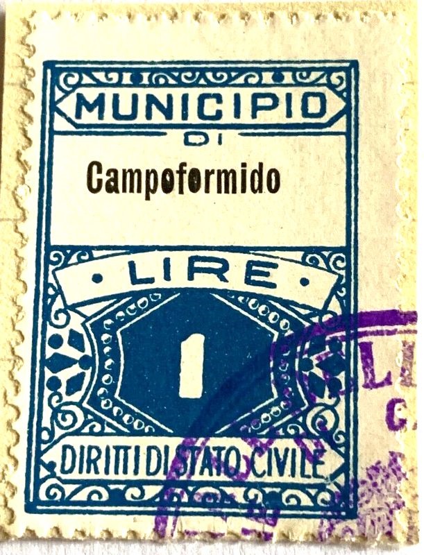 Marca da Bollo del Comune di CAMPOFORMIDO su Carta Bianca Sottile di dimensioni 22 x 29 mm