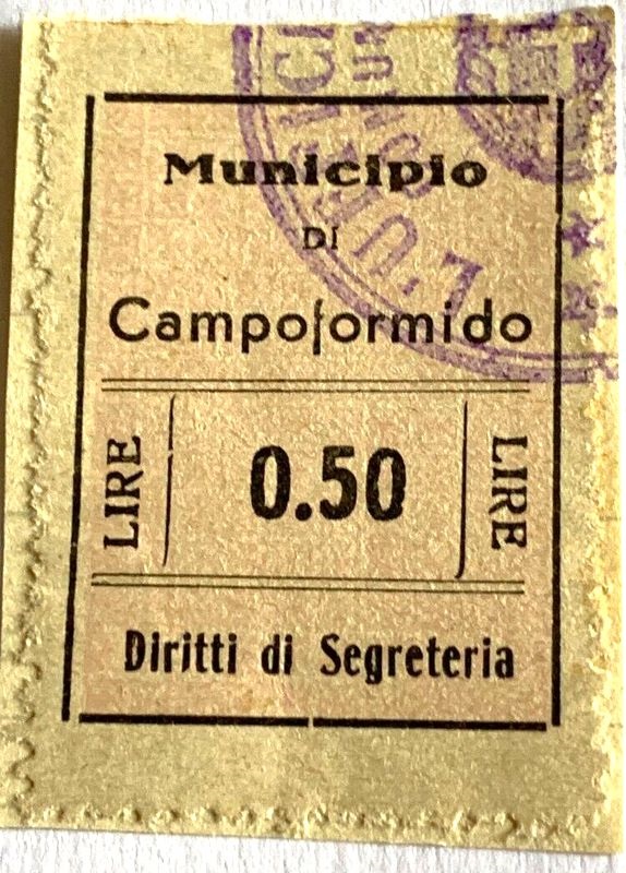 Marca da Bollo del Comune di CAMPOFORMIDO su Carta Bianca Sottile di dimensioni 21 x 29 mm