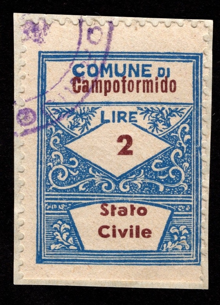 Marca da Bollo del Comune di CAMPOFORMIDO su Carta Bianca Sottile di dimensioni 22 x 31 mm
