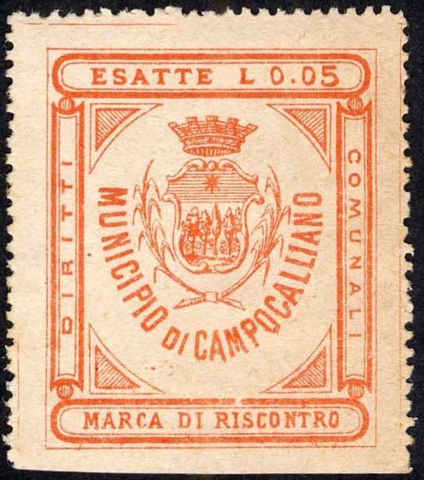 Marca da Bollo del Comune di CAMPOGALLIANO su Carta Bianca di dimensioni 32 x 39 mm