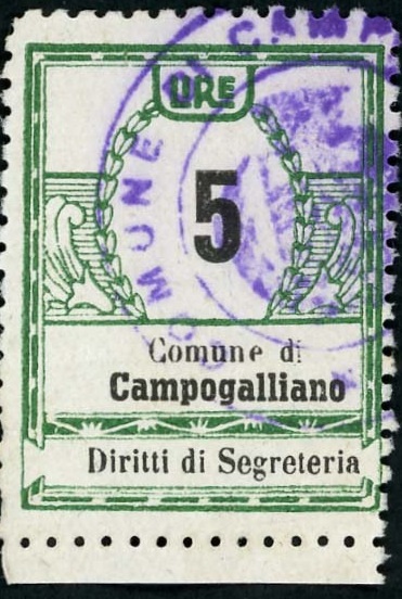 Marca da Bollo del Comune di CAMPOGALLIANO su Carta Bianca di dimensioni 23 X 30 mm