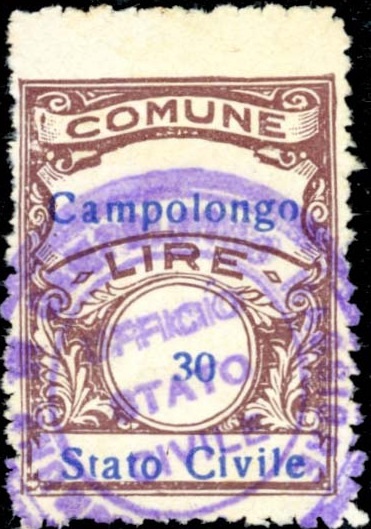 Marca da Bollo del Comune di CAMPOLONGO MAGGIORE su Carta Bianca Sottile di dimensioni 22,5 x 29 mm