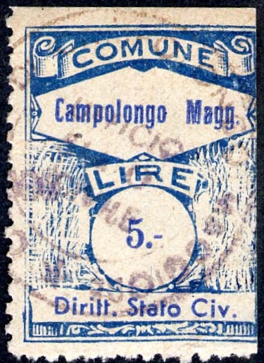 Marca da Bollo del Comune di CAMPOLONGO MAGGIORE su Carta Bianca di dimensioni 23 X 30 mm