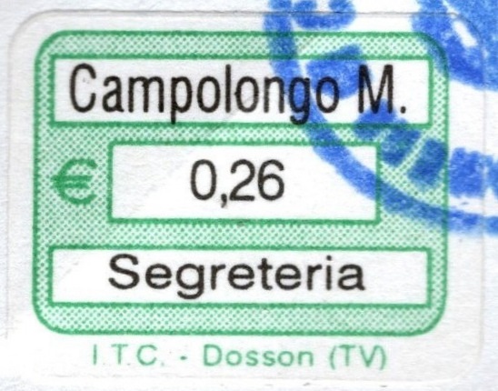 Marca da Bollo del Comune di CAMPOLONGO MAGGIORE su Carta Bianca di dimensioni 19,5 x 13,5 mm