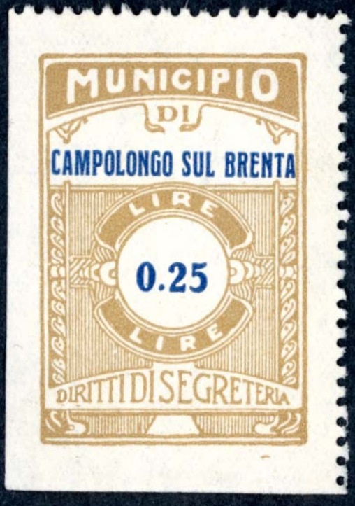 Marca da Bollo del Comune di CAMPOLONGO SUL BRENTA su Carta Bianca di dimensioni 24 x 35,5 mm