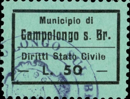 Marca da Bollo del Comune di CAMPOLONGO SUL BRENTA su Carta Colorata di dimensioni 25 x 16,5 mm