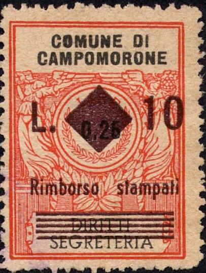 Marca da Bollo del Comune di CAMPOMORONE su Carta Bianca di dimensioni 22 X 33 mm