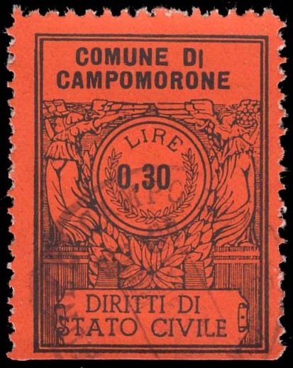 Marca da Bollo del Comune di CAMPOMORONE su Carta Colorata di dimensioni 22 X 33 mm