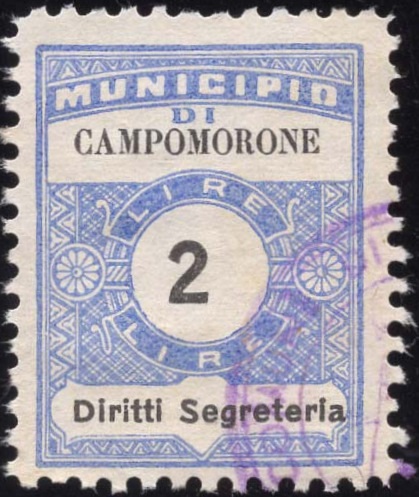Marca da Bollo del Comune di CAMPOMORONE su Carta Bianca Sottile di dimensioni 22,5 x 29 mm