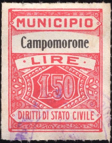 Marca da Bollo del Comune di CAMPOMORONE su Carta Bianca Sottile di dimensioni 22,5 x 29 mm