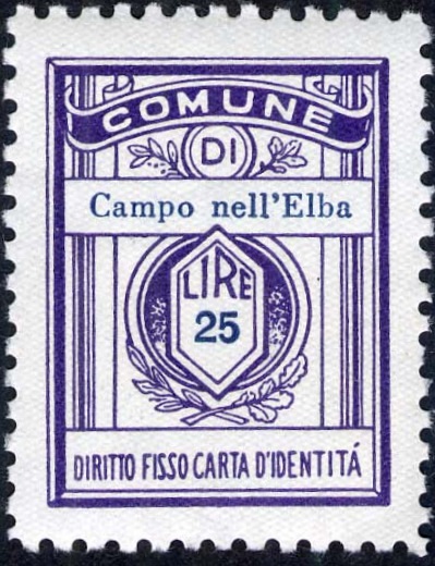 Marca da Bollo del Comune di CAMPO NELL´ELBA su Carta Bianca di dimensioni 21 x 27,5 mm