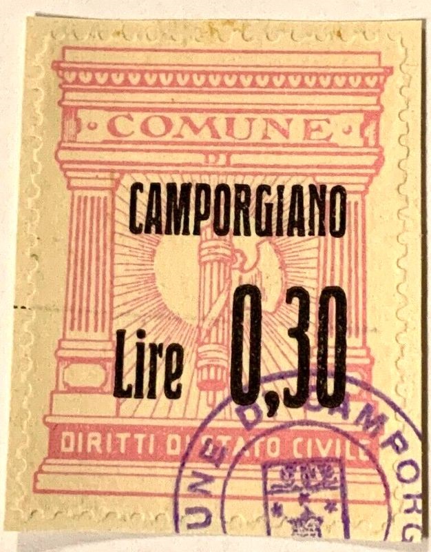 Marca da Bollo del Comune di CAMPORGIANO su Carta Bianca Sottile di dimensioni 21 x 29 mm