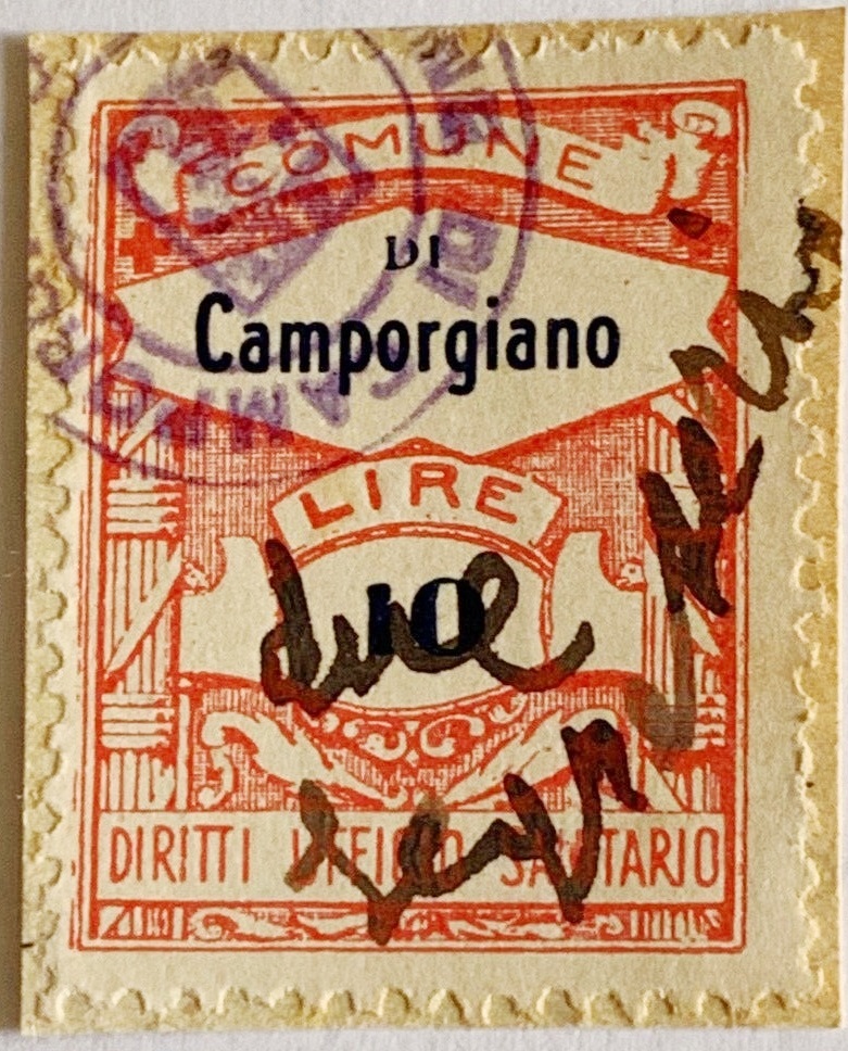 Marca da Bollo del Comune di CAMPORGIANO su Carta Bianca Sottile di dimensioni 21 x 29 mm