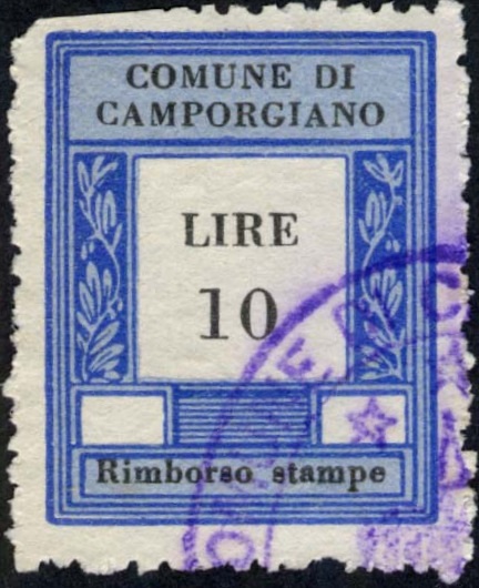 Marca da Bollo del Comune di CAMPORGIANO su Carta Bianca di dimensioni 23 x 29,5 mm