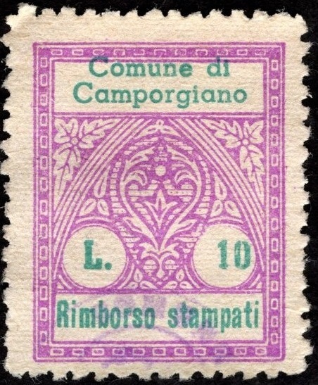 Marca da Bollo del Comune di CAMPORGIANO su Carta Bianca di dimensioni 23 x 29,5 mm