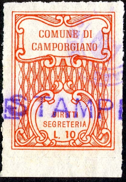 Marca da Bollo del Comune di CAMPORGIANO su Carta Bianca di dimensioni 23,5 x 32 mm