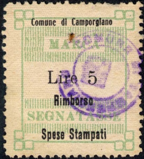 Marca da Bollo del Comune di CAMPORGIANO su Carta Bianca di dimensioni 26,5 x 31 mm
