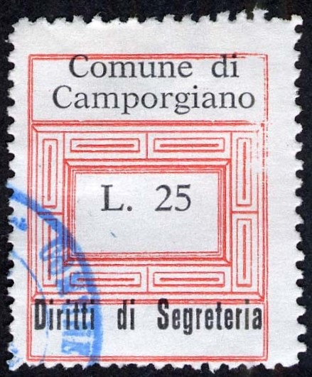 Marca da Bollo del Comune di CAMPORGIANO su Carta Bianca di dimensioni 23 x 29,5 mm