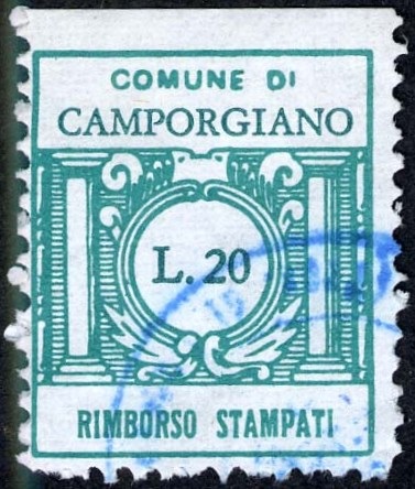 Marca da Bollo del Comune di CAMPORGIANO su Carta Bianca di dimensioni 21 x 25 mm