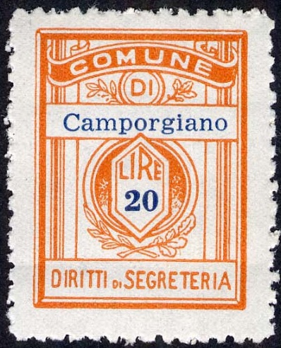 Marca da Bollo del Comune di CAMPORGIANO su Carta Bianca di dimensioni 21 x 27,5 mm